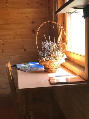 a basket sitting on a table next to a window at Wooden Village Resort in Ponari