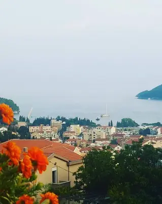 a view of a city with orange flowers at Georgijevic Room & Apartments in Budva