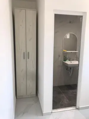 a white bathroom with a sink and a mirror at Malina apartman in Utjeha