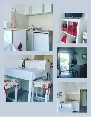 four pictures of a kitchen with a table and a chair at Apartmani Dačo in Sveti Stefan