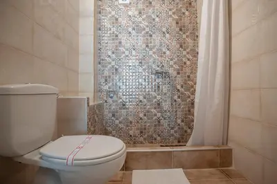 a bathroom with a toilet and a shower at Apartmani Dačo in Sveti Stefan