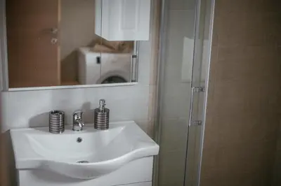 a bathroom with a sink and a shower at Big Hill Apartment in Kotor