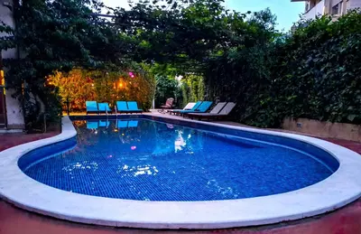 a swimming pool in a yard with blue chairs around it at Villa Bojana in Budva