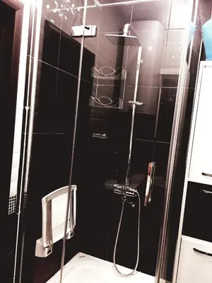 a bathroom with a shower with a sink and a toilet at Apartment M&M in Sveti Stefan