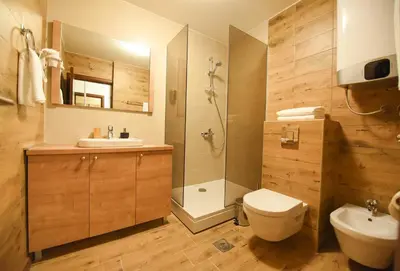 a bathroom with a toilet and a sink and a shower at Korzo apartmani in Podgorica