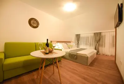 a living room with a green couch and a table at Korzo apartmani in Podgorica