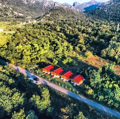 an aerial view of a train on a track in a forest at Orahovo Cottages in Virpazar
