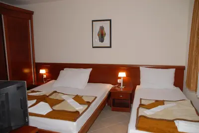 a hotel room with two beds and a tv at Apartments Krapina in Budva