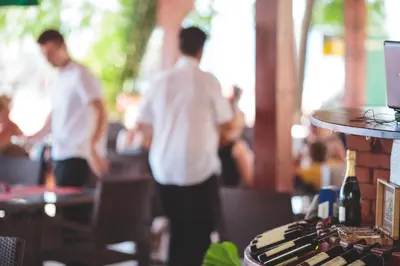 two men standing at a table with bottles of wine at Apartments Deus in Dobra Voda