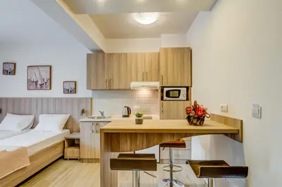 a room with a bed and a kitchen with a desk at Adriatik Lux Apartments in Budva