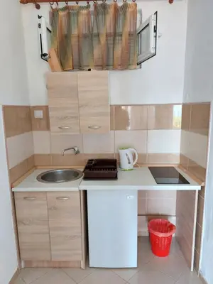a small kitchen with a sink and a microwave at Apartments South in Ulcinj