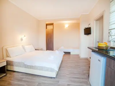a hotel room with a bed and a television at Pansion Nobel in Petrovac na Moru
