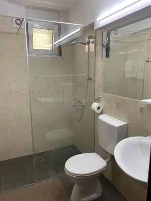 a bathroom with a toilet and a shower and a sink at Reževići Apartments in Petrovac na Moru