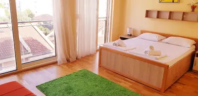 a bedroom with a bed and a large window at Olimp Lux in Budva