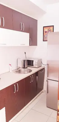 a kitchen with a sink and a refrigerator at Olimp Lux in Budva