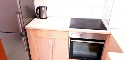 a small kitchen with a stove and a refrigerator at Olimp Lux in Budva