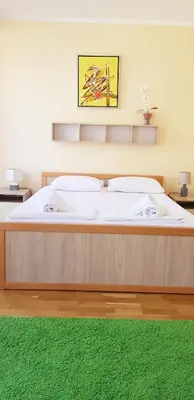 a large bed in a bedroom with a green rug at Olimp Lux in Budva