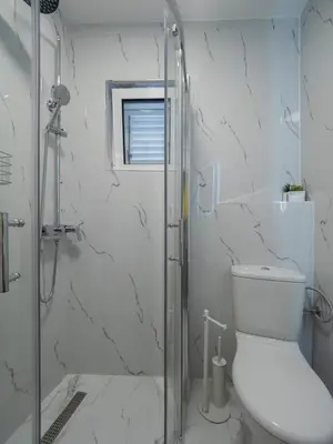 a bathroom with a shower and a toilet at Apartments Cataleya Przno in Sveti Stefan