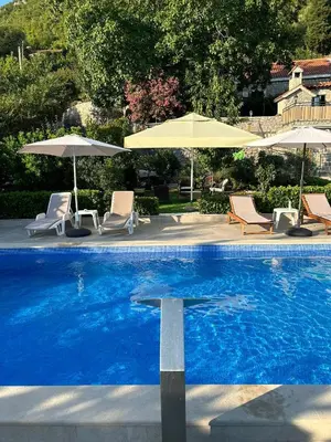 a swimming pool with chairs and umbrellas next to it at Vila Nikola in Bratesici