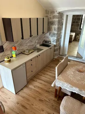 a kitchen with a sink and a table at Vila Nikola in Bratesici