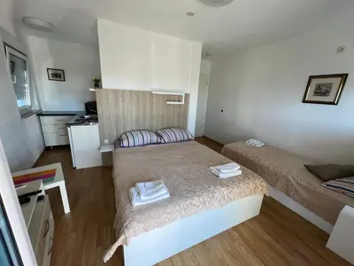 a small room with two beds and a kitchen at Villa Dobre Vode in Dobra Voda
