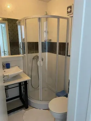 a bathroom with a shower with a toilet and a sink at Villa Dobre Vode in Dobra Voda