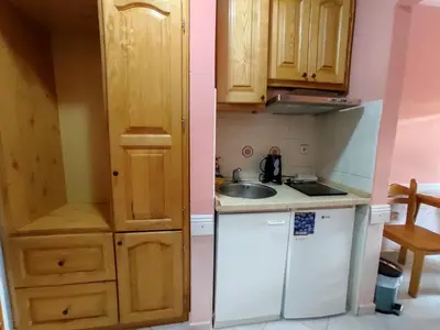 a small kitchen with a sink and a refrigerator at Villa Aleksandra - T in Rafailovici