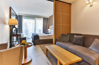 a hotel room with a couch and a bed at Hotel Fagus by Aycon in Budva