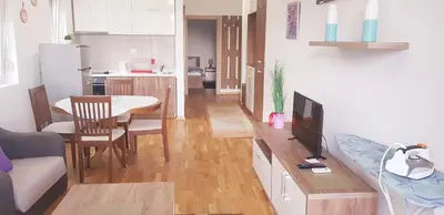 a living room with a table and a tv and a kitchen at Olimp Lux II in Budva