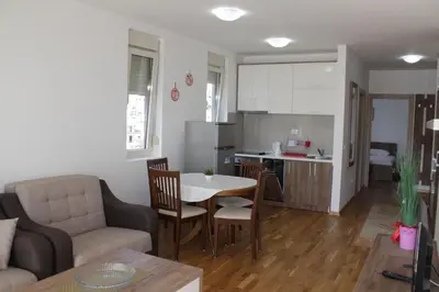 a living room with a couch and a table and a kitchen at Olimp Lux II in Budva
