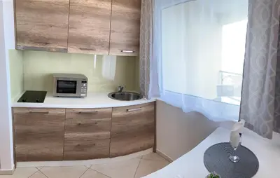 a kitchen with a sink and a microwave on a counter at Ive Lole Ribara 38 in Becici