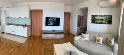 a living room with a couch and a tv in it at The Magic Sea View Apartments in Budva