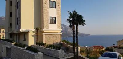 a building with a palm tree in front of the ocean at The Magic Sea View Apartments in Budva
