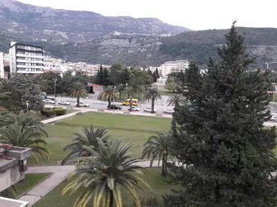 a view of a park with palm trees and buildings at Centar Budva in Budva