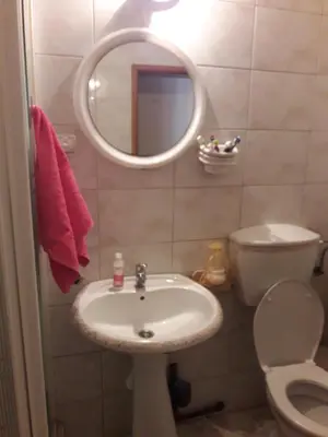 a bathroom with a sink and a toilet and a mirror at Centar Budva in Budva
