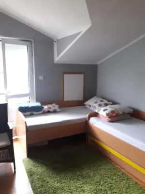 a bedroom with two beds and a green rug at Centar Budva in Budva