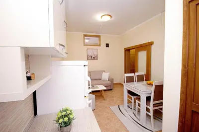 a kitchen and a living room with a table at Apartments Radosavovic in Bar