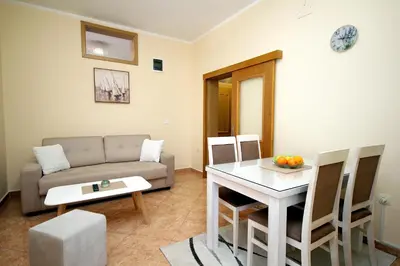 a living room with a couch and a table at Apartments Radosavovic in Bar