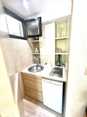 a small kitchen with a sink and a window at Apartments Harmonija in Budva