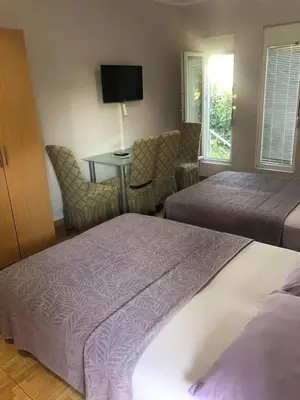 a hotel room with two beds and a table at Apartmani Milanovic Susanj in Bar