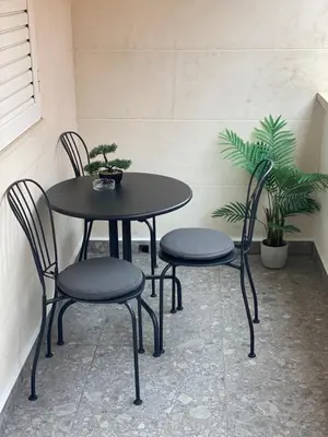 a black table and chairs with a plant on it at Vanessa Apartment in Budva