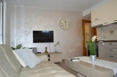 a living room with a couch and a clock on the wall at Vanessa Apartment in Budva