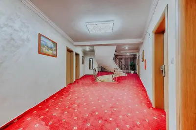 a red carpeted hallway with a red floor and stairs at Hotel Lion in Ulcinj