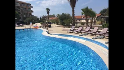 a large swimming pool with chairs and palm trees at Luxury Pool Apartments near the sea in Sveti Stefan