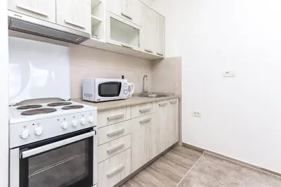 a kitchen with a stove and a microwave at Apartment Sidro in Petrovac na Moru
