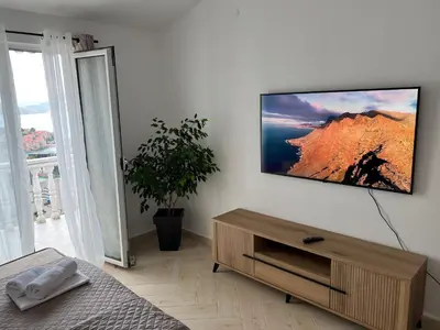a living room with a flat screen tv on a wall at Apartments Aleksandar in Sveti Stefan