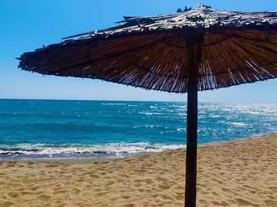 a straw umbrella on a sandy beach near the ocean at Apartments Tati in Ulcinj