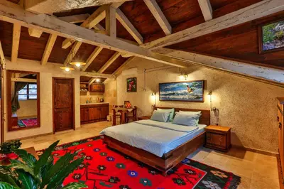 a bedroom with a bed and a red rug at Villa Irma in Bar