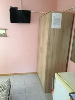 a room with a door and a tv on the wall at Sobe Krin - Smestaj Canj in Čanj