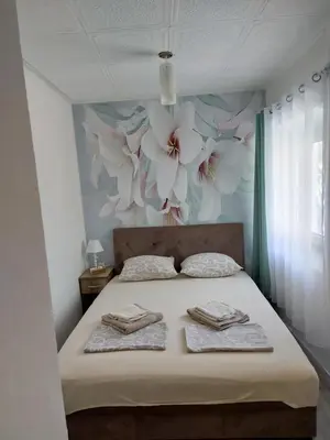 a bedroom with a bed with flowers on the wall at vicky 1 in Kotor